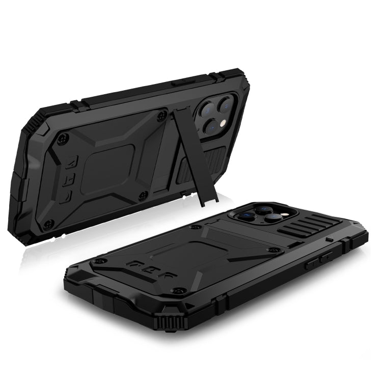 For iPhone 12 / 12 Pro R-JUST Shockproof Waterproof Dust-proof Metal + Silicone Protective Case with Holder(Black) - iPhone 12 / 12 Pro Cases by R-JUST | Online Shopping UK | buy2fix