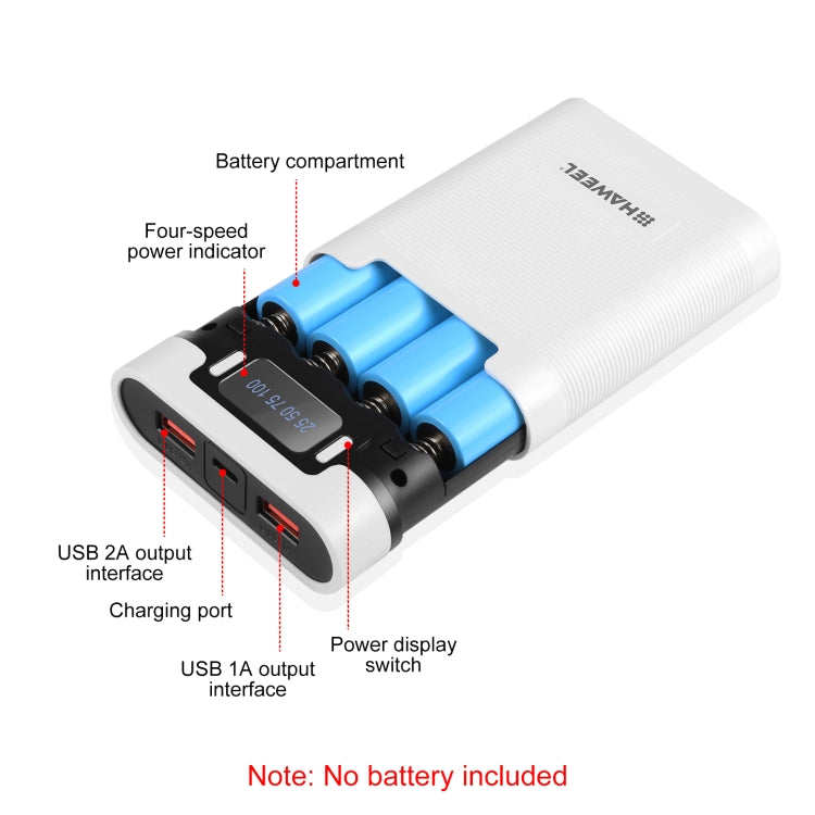 HAWEEL DIY 4x 18650 Battery (Not Included) 10000mAh Dual-way QC Charger Power Bank Shell Box with 2x USB Output & Display, Support PD / QC / SCP / FCP / AFC / PPS / PE (White) - Power Bank Box by HAWEEL | Online Shopping UK | buy2fix