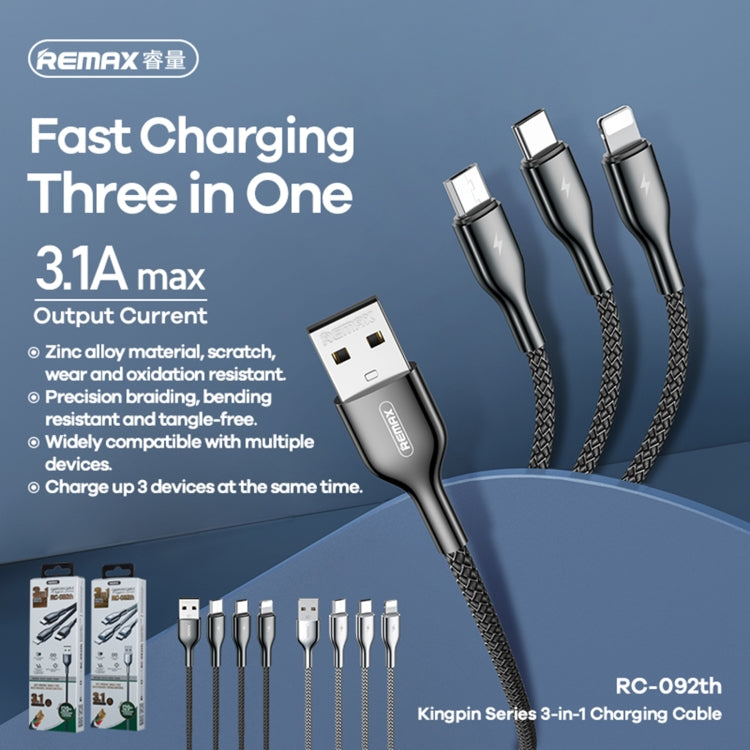 REMAX RC-092th Kingpin Series 3.1A 3 in 1 USB to Micro USB + Type-C + 8 Pin Charging Cable, Cable Length: 1.2m(Silver) - Multifunction Cable by REMAX | Online Shopping UK | buy2fix