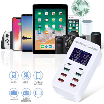 A8T 60W 8 Ports USB + QC3.0 + PD Type-C Smart Charging Station with Digital Display AC100-240V, AU Plug - Multifunction Charger by buy2fix | Online Shopping UK | buy2fix