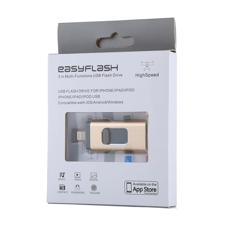 easyflash RQW-01B 3 in 1 USB 2.0 & 8 Pin & Micro USB 128GB Flash Drive(Gold) - U Disk & Card Reader by buy2fix | Online Shopping UK | buy2fix