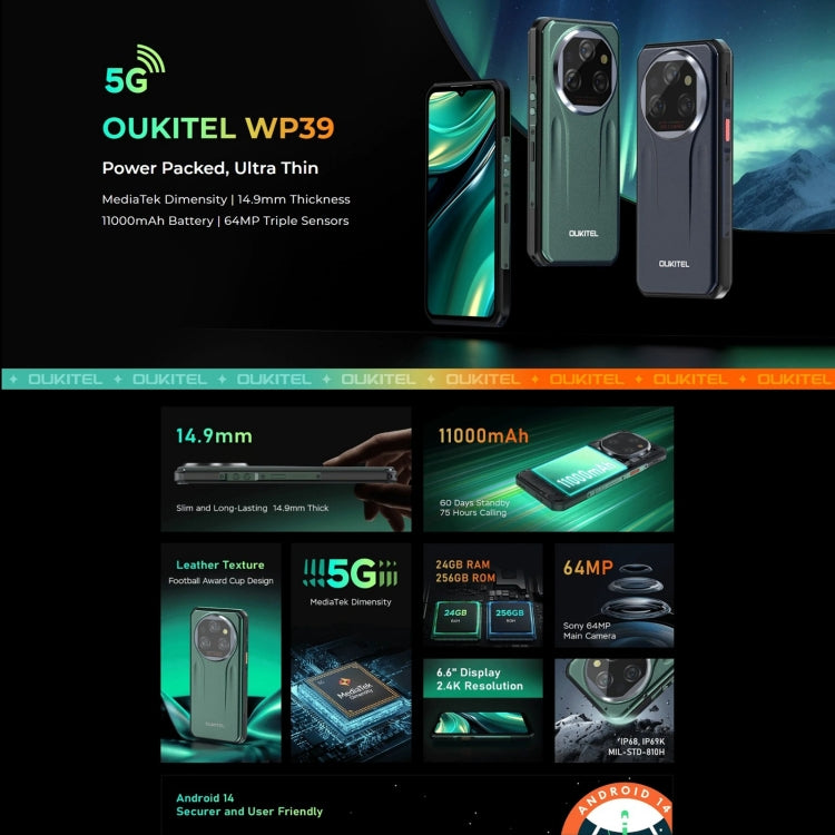 Oukitel WP39 5G Rugged Phone, 6GB+256GB, Night Vision, Fingerprint Identification, 6.6 inch MediaTek Dimensity 6100+ Octa Core, NFC, OTG, Network: 5G (Green) - Other by OUKITEL | Online Shopping UK | buy2fix