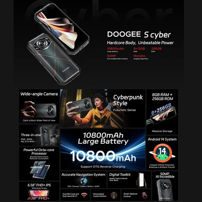 DOOGEE S Cyber, 8GB+256GB, 6.58 inch Android 14 Spreadtrum T606 Octa Core, Network: 4G, OTG, NFC (Black Silver) - DOOGEE by DOOGEE | Online Shopping UK | buy2fix