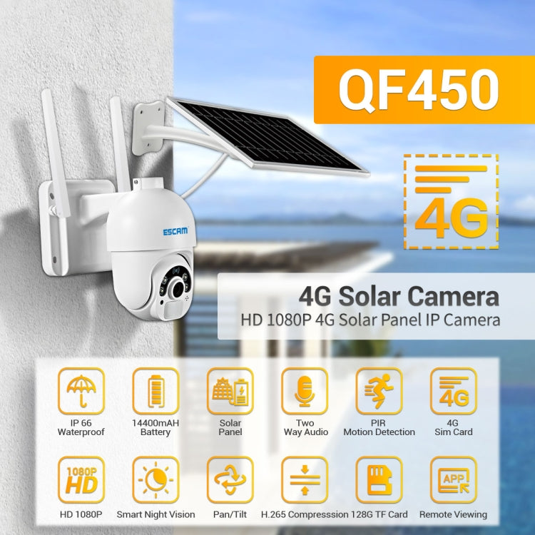 ESCAM QF450 HD 1080P 4G US Version Solar Powered IP Camera without Memory, Support Two-way Audio & PIR Motion Detection & Night Vision & TF Card - Dome Camera by ESCAM | Online Shopping UK | buy2fix