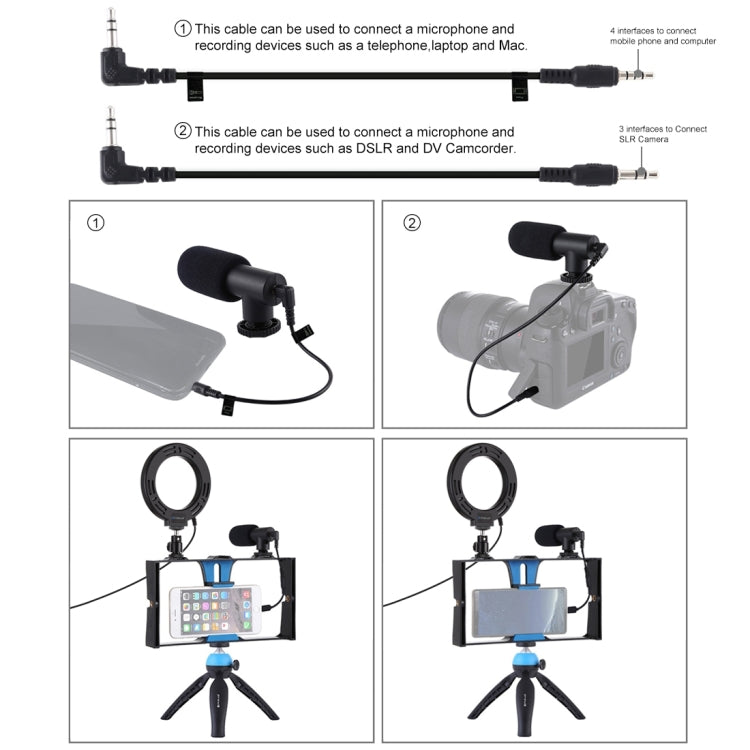 PULUZ 4 in 1 Vlogging Live Broadcast Smartphone Video Rig + 4.7 inch 12cm Ring LED Selfie Light Kits with Microphone + Tripod Mount + Cold Shoe Tripod Head for iPhone, Galaxy, Huawei, Xiaomi, HTC, LG, Google, and Other Smartphones(Blue) - Camera Cage by PULUZ | Online Shopping UK | buy2fix