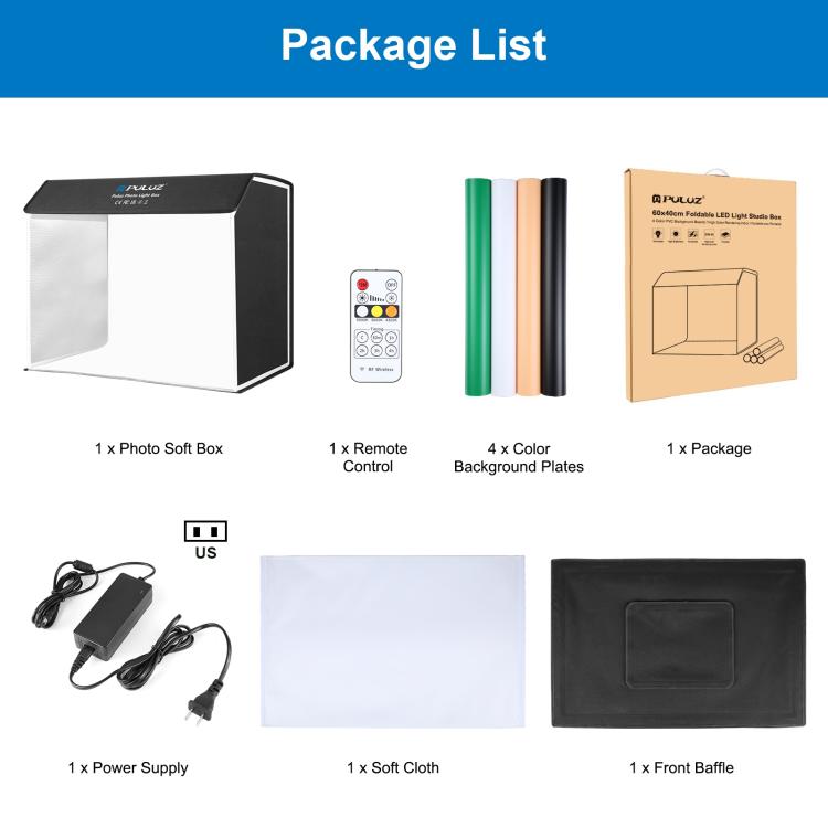 PULUZ Photo Studio Light Box Portable 60 x 40cm Cuboid Photography Studio Tent Kit with 4 Color Backdrops (US Plug) -  by PULUZ | Online Shopping UK | buy2fix