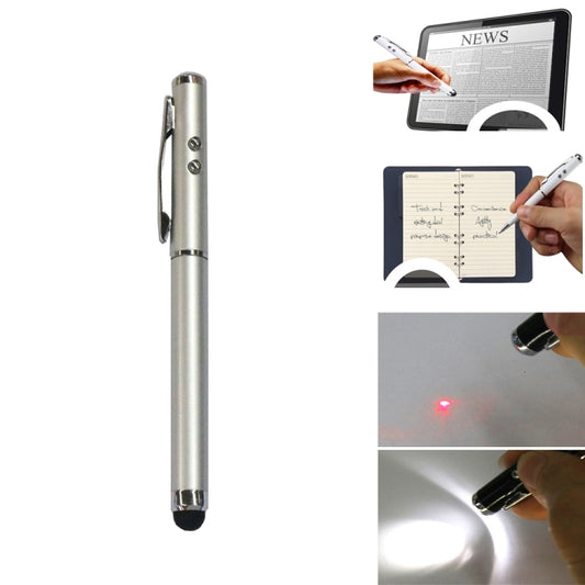 At-16 4 in 1 Mobile Phone Tablet Universal Handwriting Touch Screen Pen with Common Writing Pen & Red Laser & LED Light Function(Silver) - Stylus Pen by buy2fix | Online Shopping UK | buy2fix