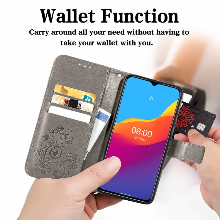 For Ulefone Note 10 Four-leaf Clasp Embossed Buckle Mobile Phone Protection Leather Case with Lanyard & Card Slot & Wallet & Bracket Function(Gray) - Ulefone Cases by buy2fix | Online Shopping UK | buy2fix