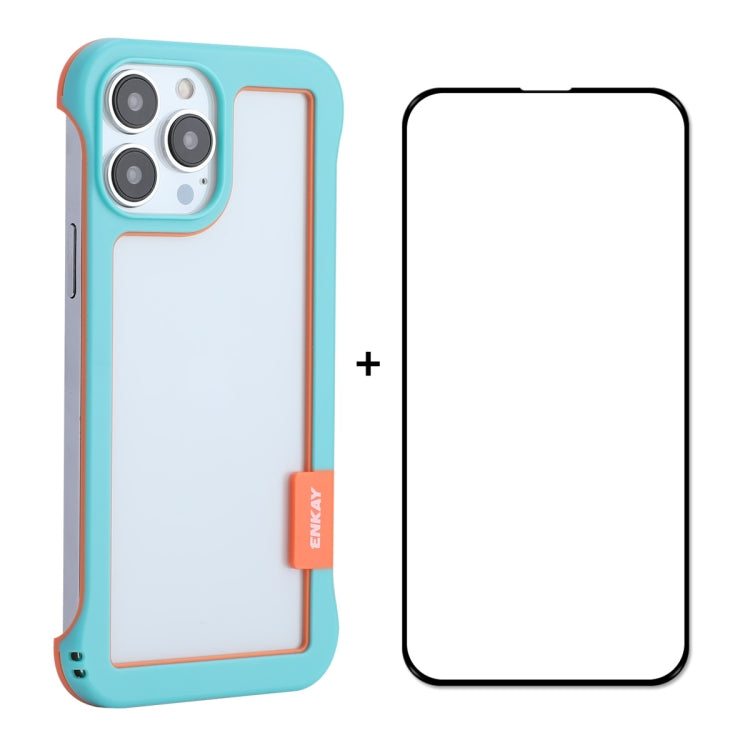 For iPhone 13 Pro ENKAY Frameless Hollow PC Case + Glass Film (Blue) - iPhone 13 Pro Cases by ENKAY | Online Shopping UK | buy2fix