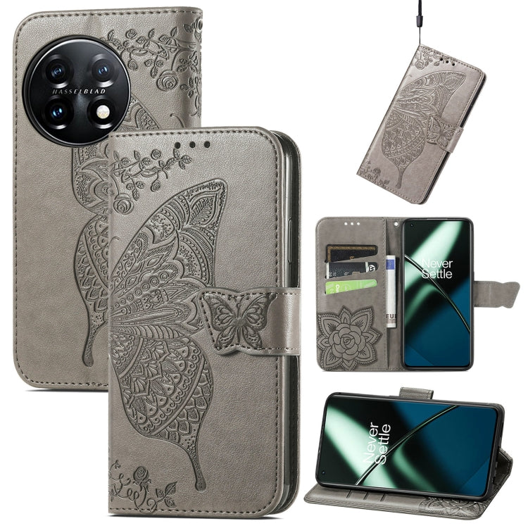 For OnePlus 11 Butterfly Love Flower Embossed Flip Leather Phone Case(Gray) - OnePlus Cases by buy2fix | Online Shopping UK | buy2fix