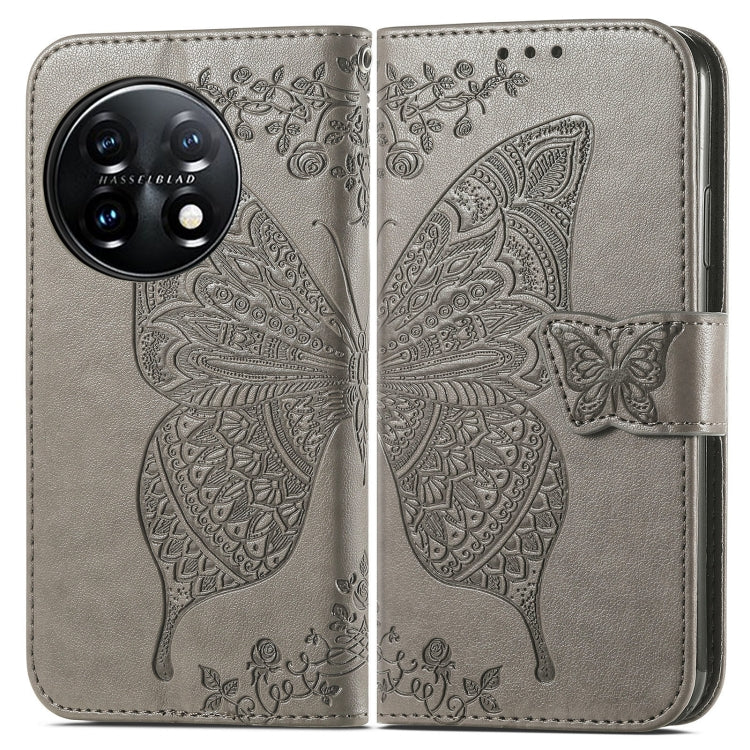 For OnePlus 11 Butterfly Love Flower Embossed Flip Leather Phone Case(Gray) - OnePlus Cases by buy2fix | Online Shopping UK | buy2fix