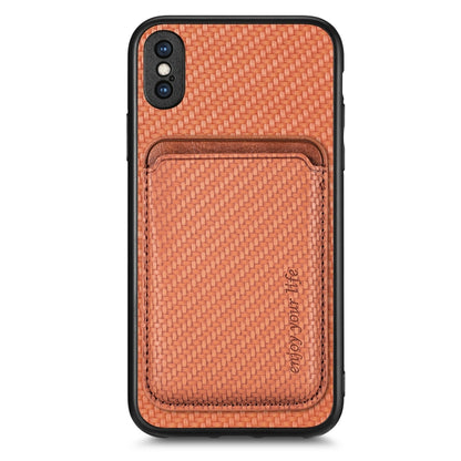 For iPhone XS Max Carbon Fiber Leather Card Magsafe Magnetic Phone Case(Brown) - More iPhone Cases by buy2fix | Online Shopping UK | buy2fix