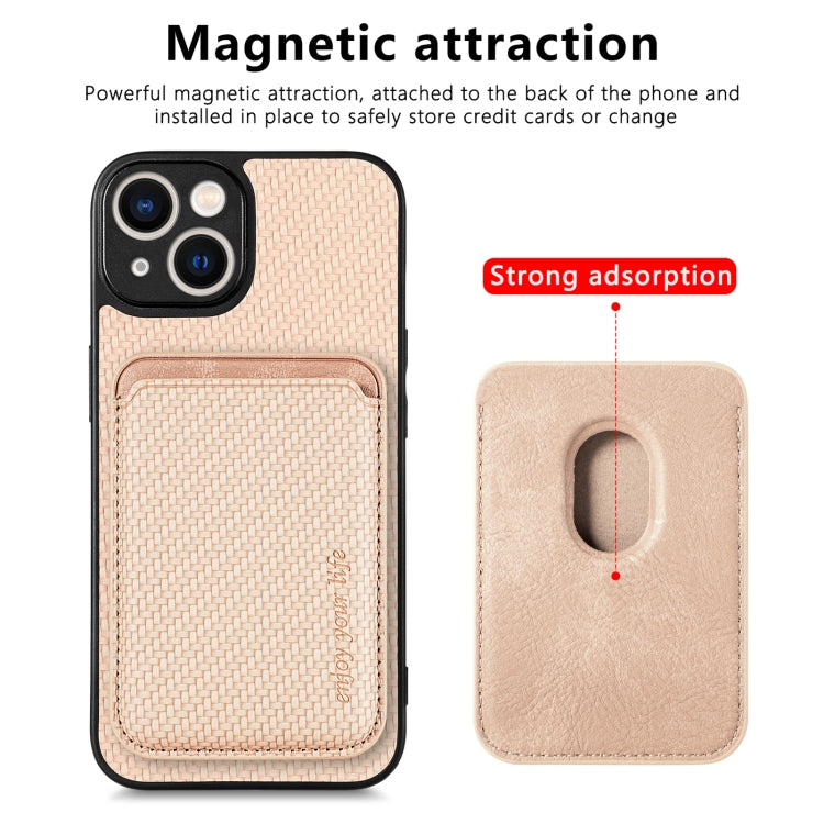 For iPhone 14 Carbon Fiber Leather Card Magsafe Magnetic Phone Case(Khaki) - iPhone 14 Cases by buy2fix | Online Shopping UK | buy2fix