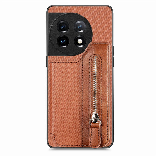 For OnePlus 11 Carbon Fiber Horizontal Flip Zipper Wallet Phone Case(Brown) - OnePlus Cases by buy2fix | Online Shopping UK | buy2fix