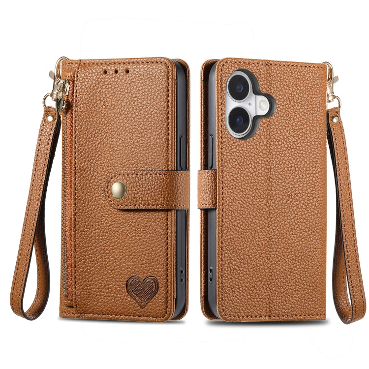 For iPhone 16 Love Zipper Lanyard Leather Phone Case(Brown) - iPhone 16 Cases by buy2fix | Online Shopping UK | buy2fix