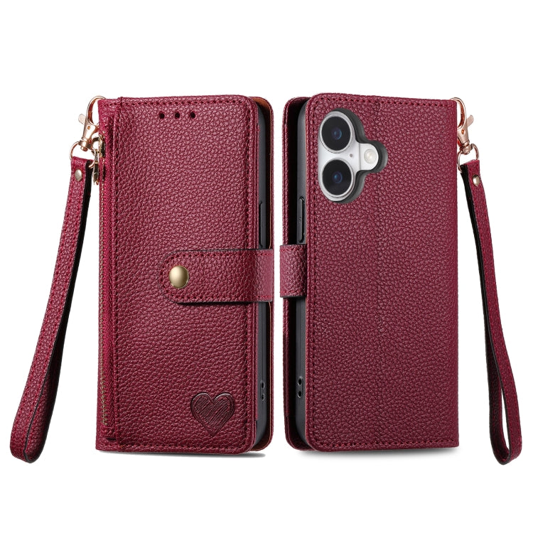 For iPhone 16 Plus Love Zipper Lanyard Leather Phone Case(Red) - iPhone 16 Plus Cases by buy2fix | Online Shopping UK | buy2fix