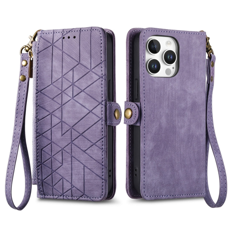 For iPhone 16 Pro Geometric Zipper Wallet Side Buckle Leather Phone Case(Purple) - iPhone 16 Pro Cases by buy2fix | Online Shopping UK | buy2fix