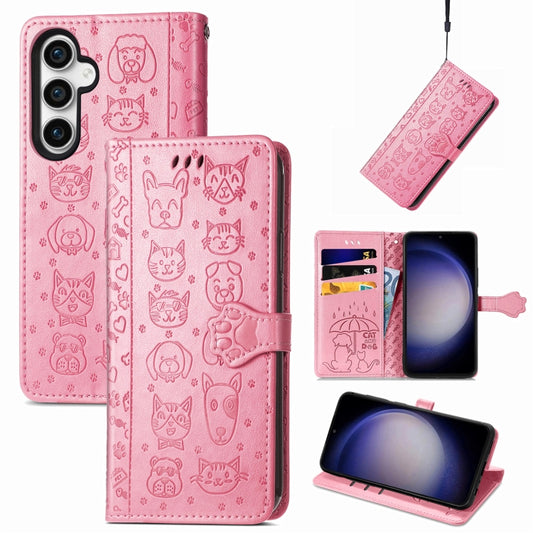 For Samsung Galaxy S23 FE 5G Cat and Dog Embossed Leather Phone Case(Pink) - Galaxy S23 FE 5G Cases by buy2fix | Online Shopping UK | buy2fix