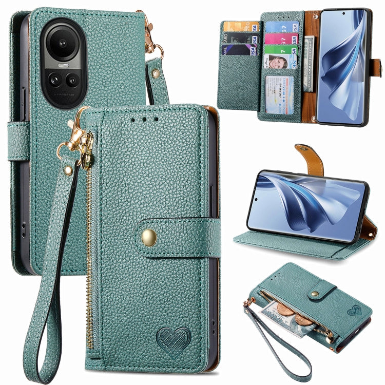 For OPPO Reno10 / 10 Pro Global Love Zipper Lanyard Leather Phone Case(Green) - OPPO Cases by buy2fix | Online Shopping UK | buy2fix