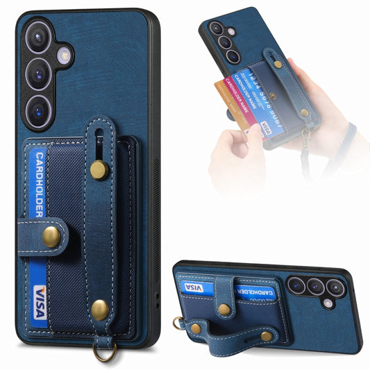 For Samsung Galaxy S24+ 5G Retro Cross Wristband Wallet Leather Back Phone Case(Blue) - Galaxy S24+ 5G Cases by buy2fix | Online Shopping UK | buy2fix