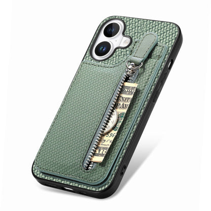 For iPhone 16 Carbon Fiber Vertical Flip Zipper Phone Case(Green) - iPhone 16 Cases by buy2fix | Online Shopping UK | buy2fix