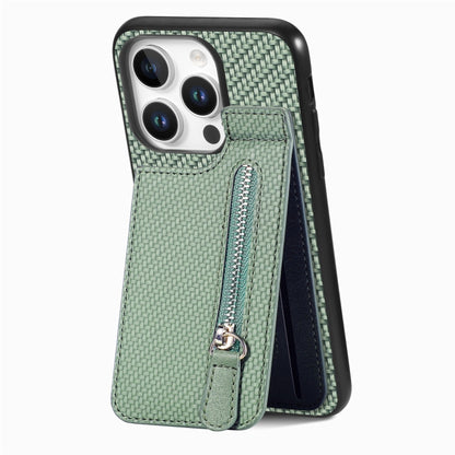 For iPhone 16 Pro Carbon Fiber Vertical Flip Zipper Phone Case(Green) - iPhone 16 Pro Cases by buy2fix | Online Shopping UK | buy2fix