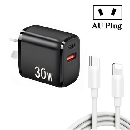 PD30W USB-C / Type-C + QC3.0 USB Charger with 1m Type-C to 8 Pin Data Cable, AU Plug(Black) - USB Charger by buy2fix | Online Shopping UK | buy2fix