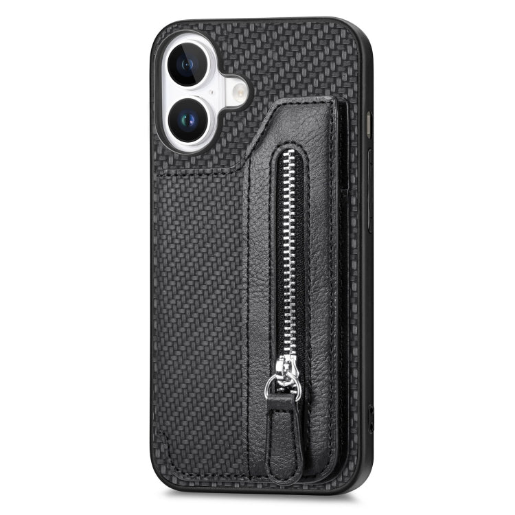 For iPhone 16 Carbon Fiber Horizontal Flip Zipper Wallet Phone Case(Black) - iPhone 16 Cases by buy2fix | Online Shopping UK | buy2fix