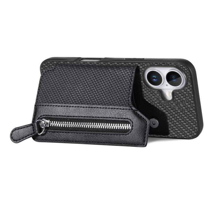 For iPhone 16 Carbon Fiber Horizontal Flip Zipper Wallet Phone Case(Black) - iPhone 16 Cases by buy2fix | Online Shopping UK | buy2fix