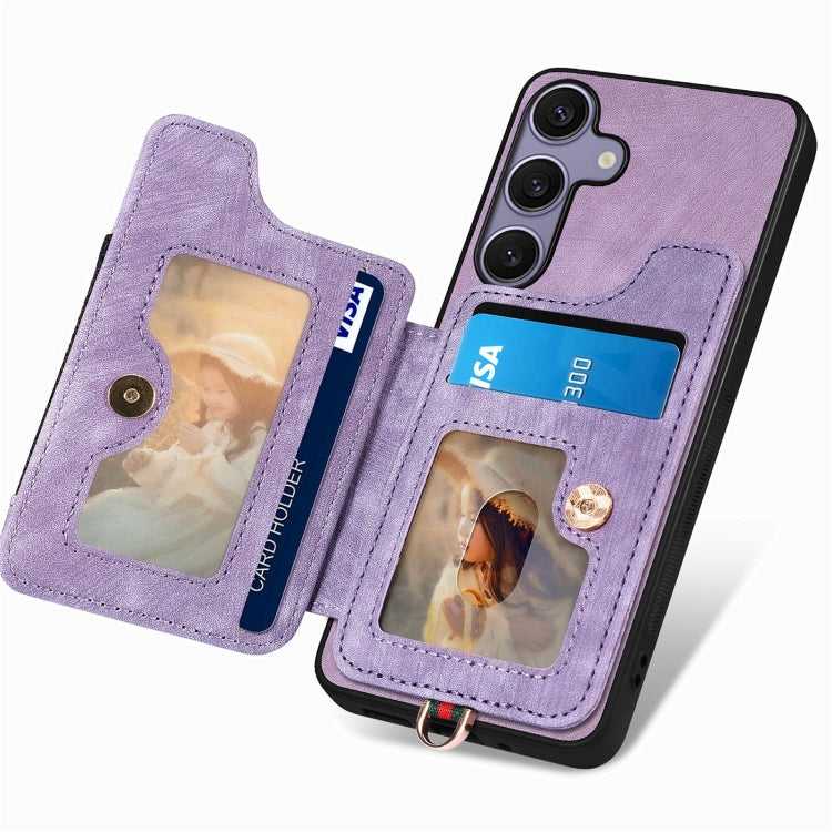 For Samsung Galaxy S25 5G Retro Skin-feel Ring Multi-card Wallet Phone Case(Purple) - Galaxy S25 5G Cases by buy2fix | Online Shopping UK | buy2fix