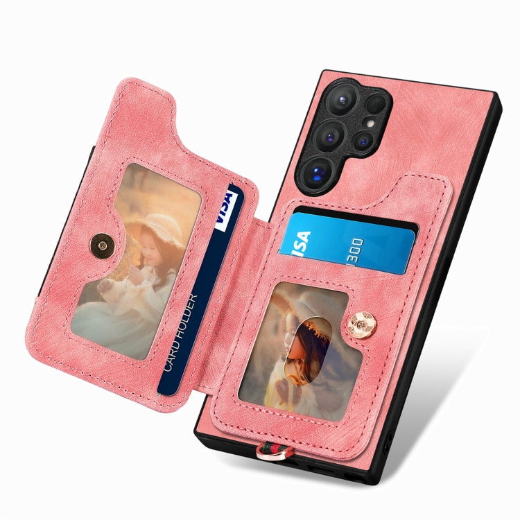 For Samsung Galaxy S25 Ultra 5G Retro Skin-feel Ring Multi-card Wallet Phone Case(Pink) - Galaxy S25 Ultra 5G Cases by buy2fix | Online Shopping UK | buy2fix