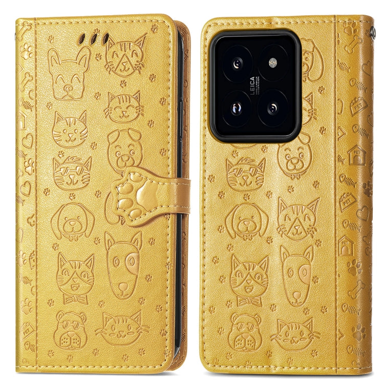 For Xiaomi 14 Cat and Dog Embossed Leather Phone Case(Yellow) - 14 Cases by buy2fix | Online Shopping UK | buy2fix