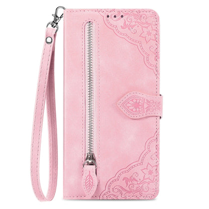 For Xiaomi Redmi K70 Pro Embossed Flower Zipper Leather Phone Case(Pink) - K70 Pro Cases by buy2fix | Online Shopping UK | buy2fix