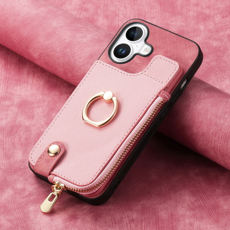 For iPhone 16 Plus Cross Leather Ring Vertical Zipper Wallet Back Phone Case(Pink) - iPhone 16 Plus Cases by buy2fix | Online Shopping UK | buy2fix