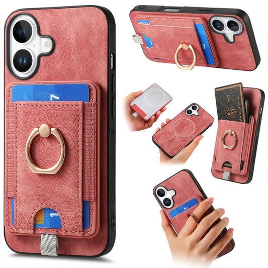 For  iPhone 16 Retro Splitable Magnetic Card Bag Leather Phone Case(Pink) - iPhone 16 Cases by buy2fix | Online Shopping UK | buy2fix