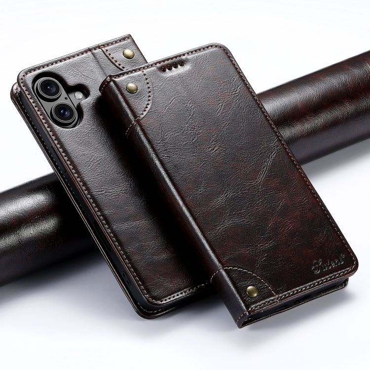 For iPhone 16 Plus Suteni Baroque Calf Texture Buckle Wallet Leather Phone Case(Brown) - iPhone 16 Plus Cases by Suteni | Online Shopping UK | buy2fix