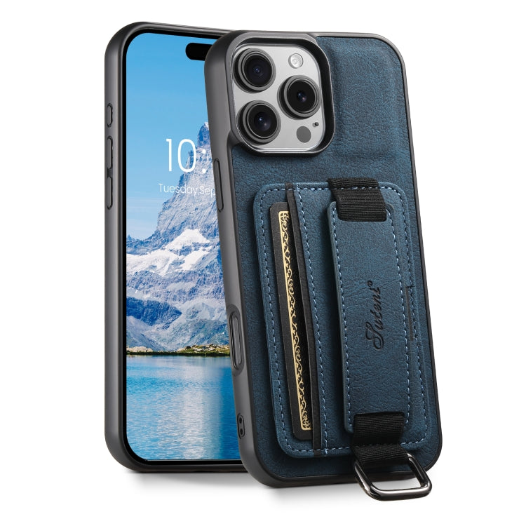 For iPhone 16 Pro Suteni H13 Litchi Leather Wrist Strap Wallet Back Phone Case(Blue) - iPhone 16 Pro Cases by Suteni | Online Shopping UK | buy2fix