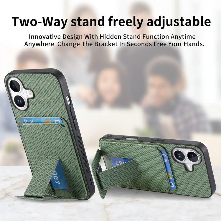 For iPhone 16 Carbon Fiber Card Bag Fold Stand Phone Case(Green) - iPhone 16 Cases by buy2fix | Online Shopping UK | buy2fix