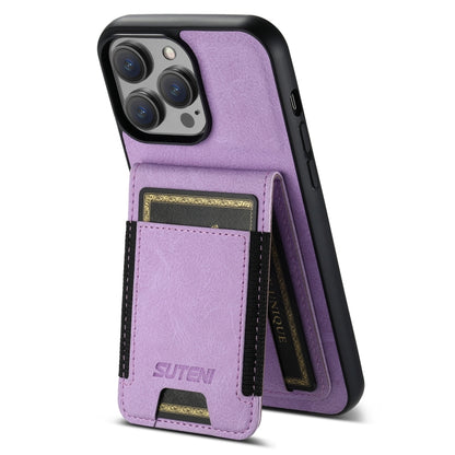 For iPhone 15 Pro Max Suteni H03 Litchi Leather Card Bag Stand Back Phone Case(Purple) - iPhone 15 Pro Max Cases by Suteni | Online Shopping UK | buy2fix