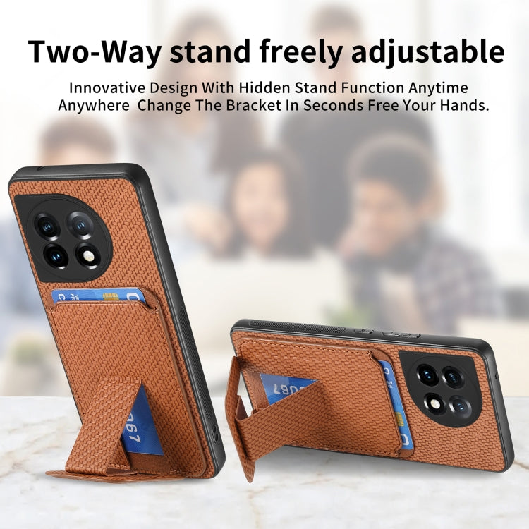 For OnePlus 11 Carbon Fiber Card Bag Fold Stand Phone Case(Brown) - OnePlus Cases by buy2fix | Online Shopping UK | buy2fix