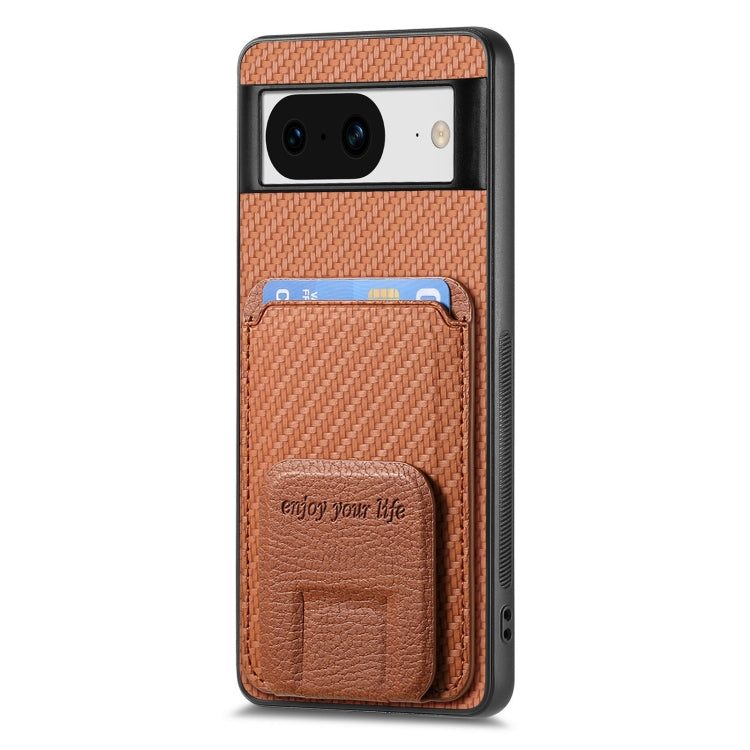 For Google Pixel 7 Pro Carbon Fiber Card Bag Fold Stand Phone Case(Brown) - Google Cases by buy2fix | Online Shopping UK | buy2fix