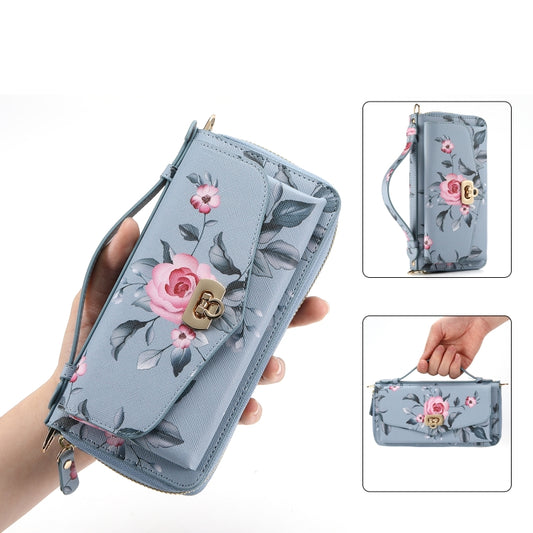 For iPhone 15 MagSafe Flower Multi-functional Crossbody Zipper Wallet Leather Phone Case(Blue) - iPhone 15 Cases by buy2fix | Online Shopping UK | buy2fix