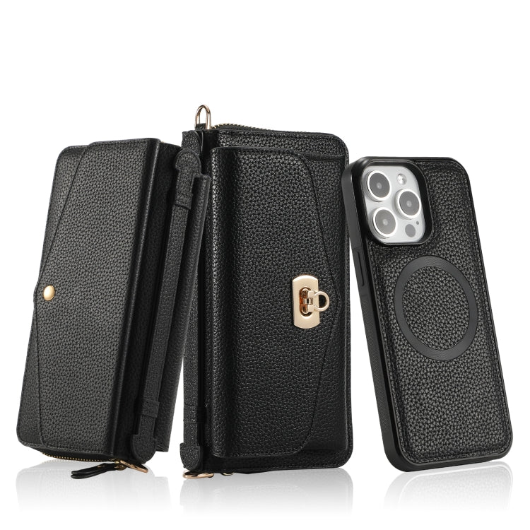 For iPhone 15 MagSafe Crossbody Multi-functional Zipper Wallet Litchi Leather Phone Case(Black) - iPhone 15 Cases by buy2fix | Online Shopping UK | buy2fix