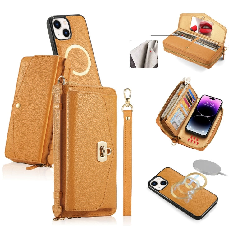 For iPhone 14 MagSafe Crossbody Multi-functional Zipper Wallet Litchi Leather Phone Case(Orange) - iPhone 14 Cases by buy2fix | Online Shopping UK | buy2fix