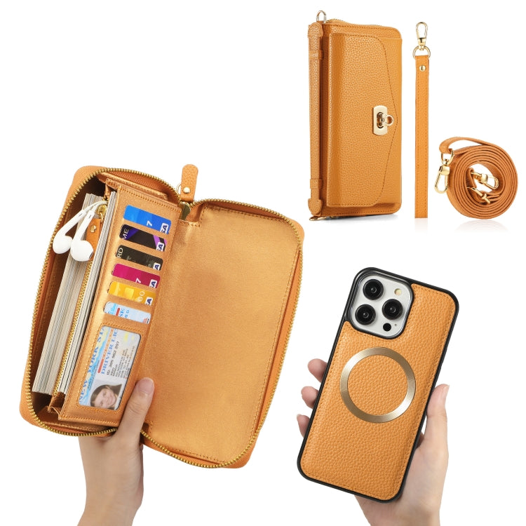 For iPhone 14 MagSafe Crossbody Multi-functional Zipper Wallet Litchi Leather Phone Case(Orange) - iPhone 14 Cases by buy2fix | Online Shopping UK | buy2fix