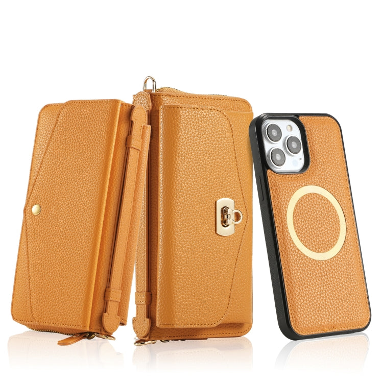 For iPhone 13 Pro MagSafe Crossbody Multi-functional Zipper Wallet Litchi Leather Phone Case(Orange) - iPhone 13 Pro Cases by buy2fix | Online Shopping UK | buy2fix