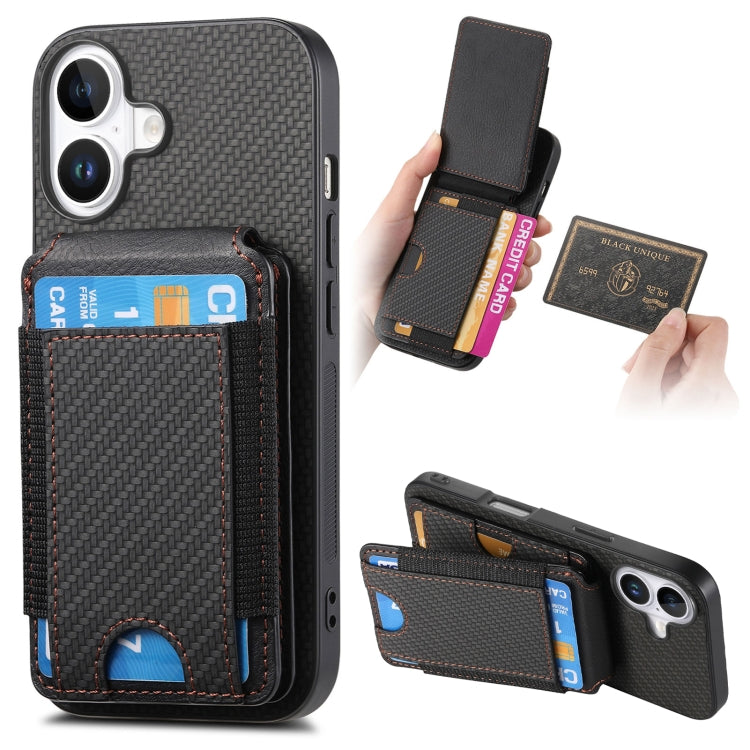 For iPhone 16 Plus Carbon Fiber Vertical Flip Wallet Stand Phone Case(Black) - iPhone 16 Plus Cases by buy2fix | Online Shopping UK | buy2fix