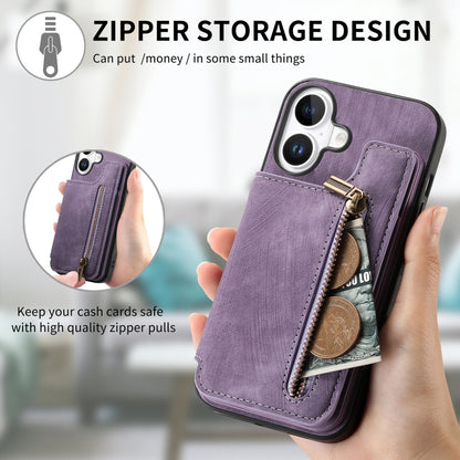 For iPhone 16 Retro Leather Zipper Wallet Back Phone Case(Purple) - More iPhone Cases by buy2fix | Online Shopping UK | buy2fix