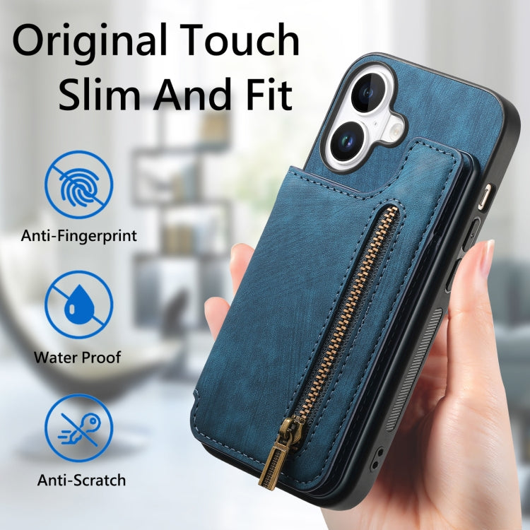 For iPhone 16 Retro Leather Zipper Wallet Back Phone Case(Blue) - More iPhone Cases by buy2fix | Online Shopping UK | buy2fix