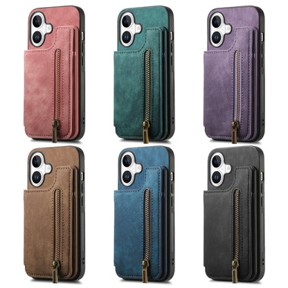 For iPhone 16 Pro Retro Leather Zipper Wallet Back Phone Case(Purple) - More iPhone Cases by buy2fix | Online Shopping UK | buy2fix